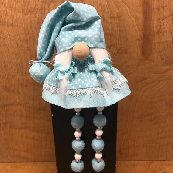 Aqua Gnome Cottage Style Beaded Legs Wool Pom Pom Lace Bow Feminine Gift Silver - Picture 2 of 5